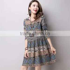 2017 New Design Large Size Fashion Ladies Retro National Wind Style Ladies Dress Cotton Printed Dress thumbnail-4