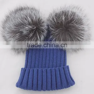 Myfur Royal Blue Man Winter Knitting Hat With Detachable Real Silver Fox Fur Balls thumbnail-1
