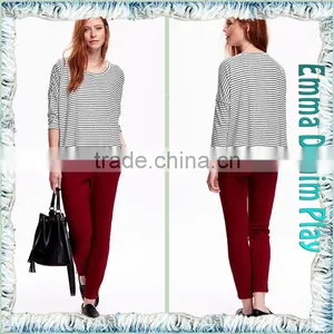 Latest Arrival Ladies Stylish Style 3/4 Sleeve Black White Stripe Knit Cotton O Neck Tee Shirts thumbnail-3