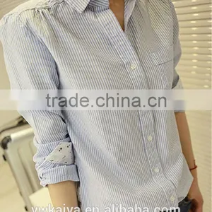2014 New Design 100%cotton Slim Fit Long Sleeve Japanese Simple Casual Stripe Women Blouse thumbnail-1