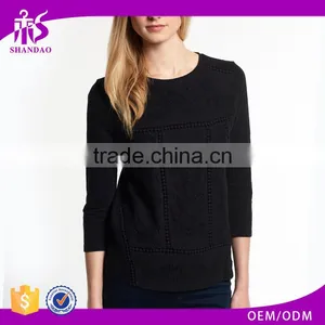 China Supplier Shandao Latest Model Good Quality Autumn Casual 3/4 Sleeve Round Neck Black Embroidered Cotton Tops For Women thumbnail-1