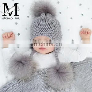Kids Winter Knitted Hats Children Three Fur Pom Poms Hat Baby Hat With Hair thumbnail-6