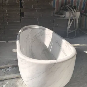 High Quality Large Size White Color Customized Real Stone Marble Oval Bathtub Floor Free Standing Bathtub thumbnail-1