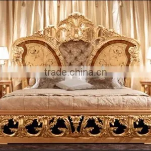 Golden Upholstery Queen Anne Bed, Luxury Wood Carved & Gold Painted Queen Bedroom Furniture, Vitoria Style King Size Bed thumbnail-1