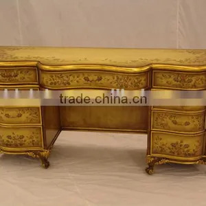 Antique Hand Carved Bedroom Furniture, Luxury Gold Painted Wooden Dresser, Classical Drawing Art Dressing Table thumbnail-1