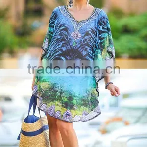 Georgette Digital Print Crystal Embellished Lace up Kaftan CAFTAN Tunic Poncho Blouse thumbnail-2