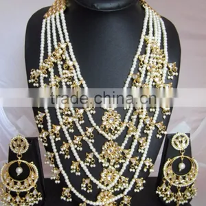 5 Line Bridal KUNDAN Designer Pearl GOLD PLATED Necklace DANGLER EARRING Set thumbnail-1