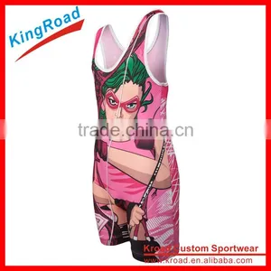 New Arrival OEM Dye Sublimation Colorful Printing Pink Wrestling Singlet for Ladies/women thumbnail-1