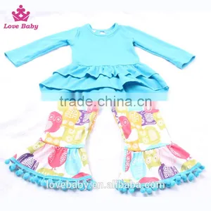 Ruffle Hem Blue Top With Owl Animal Prints Ruffle Pants Outfits Set Toldder Girl Clothing Set LBYTZ001-37 thumbnail-3