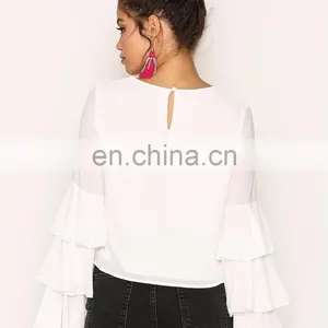 2018 Early Spring Long Flare Sleeve Chiffon Fashion Wholesale Ladies Frill Sleeve Blouse Designs thumbnail-2