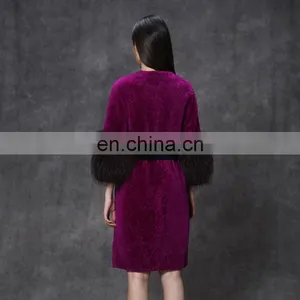Hot Pink Merino Sheep Wool Sheep Shearling Fur Rose Red Overcoat With Raccoon Trimming thumbnail-3