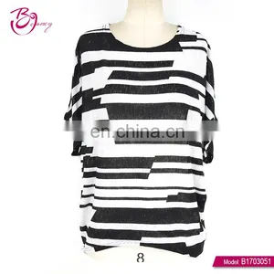 Black And White Striped Fashion Design Printed Lady Blouse thumbnail-1