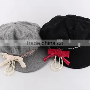 Hot Selling Children Baby Girl Hats Fashion Beret Caps With Pearl Bow Cheap Discount thumbnail-3