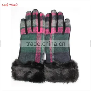 Warm Plaid Woolen Gloves With Fur Cuff for Women thumbnail-2