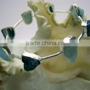 Aquamarine & Neon Apatite Multi Stone Rough Matt Bangle, 925 Solid Sterling Silver Bangle, Designer Natural Gemstone Raw Bangle thumbnail-2