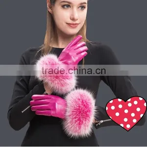Hot Pink Lamb Leather Gloves With Fluffy Fox Fur Trim Fashion Leather Wrist Gloves thumbnail-1