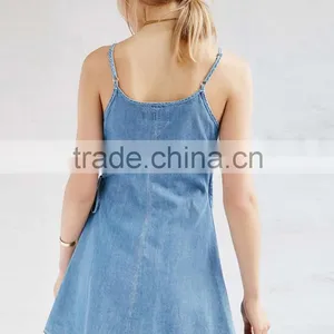 Women's Soft Slim Fit Sleeveless Blue Denim Beach Dress thumbnail-4