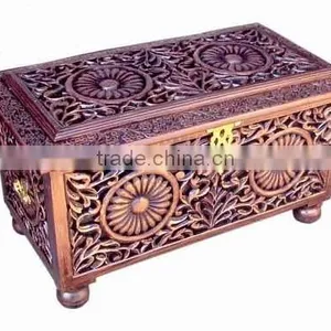 Woo Carving Large Treasure Chest Box, Antique Wood Box, Wood Craft Boxes, Wooden Box, Large Wooden Box, Hand Carved Wood Box thumbnail-1