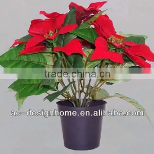 RED ARTIFICIAL VELVET POINSETTIA FLOWER BUSH X 5 W/5 PCS POINSETTIA FLOWER HEAD ON PLASTIC PLANTER thumbnail-1