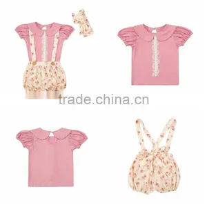 2017 Newest Cotton Baby Clothes Flutter Sleeve Top Suspender Shorts Girls Outfit thumbnail-1