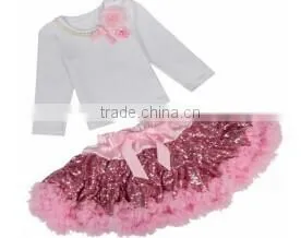 Long Sleeve Flower Sequin Fluffy Pettiskirt for Girls- Embroidered Costume With Belt-- Stage Wear thumbnail-1