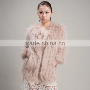 Myfur 2016 European Style Winter Beige Raccoon Fur Collar Woolen Raccoon Fur Extra Long Coat thumbnail-1
