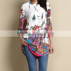 2016 New Women Tops With White Paisley Notch Neck Pin Tuck Tunic Women Blouse Women Clothing GD90426-22 thumbnail-1