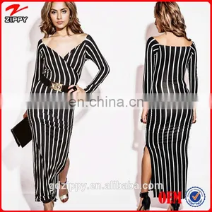 Wholesale Elegant Black And White Striped High Slit Evening Party Maxi Dress thumbnail-1