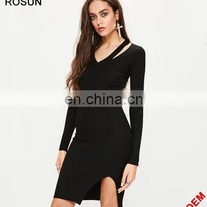 ROSUN China Factory OEM Cut Out V Neck Ribbed Midi Sweater Dress thumbnail-3