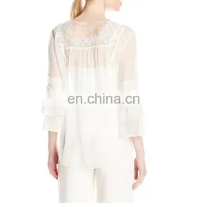 Cheap Fashion High Quality Scoop Neck Chiffon Ladieslong Sleeve Shirt Wholesale thumbnail-1