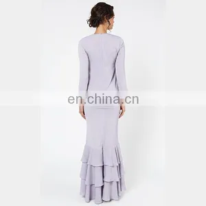 Elegant Purple Baju Kurung Modern Ruffle Design Bell Sleeve Muslim Dress thumbnail-4