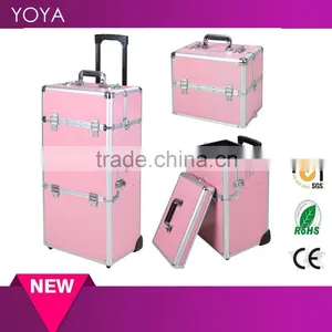 38" Pink 2 In1 Aluminum Rolling Makeup Train Case Lockable Wheeled Cosmetic Box Quality Choice thumbnail-1