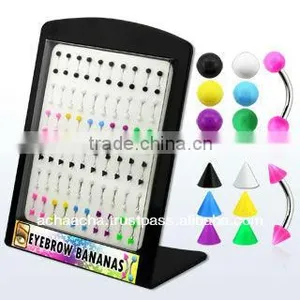 Display With 60 Pcs of Surgical Steel Eyebrow Bananas, 16g (1.2mm) With 3mm Acrylic Solid Colored Balls - Length 5/16" (8mm) thumbnail-1
