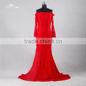 J--0095 Red Big Ass Picture of Evening Dress Sexy French Lace Long Sleeve off Shulder Mermaild Wedding Dress thumbnail-1