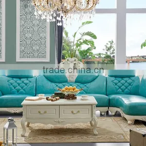 Graceful European Style Living Room Furniture Solid Wood Lily Carving Leather Corner Sofa Set thumbnail-2