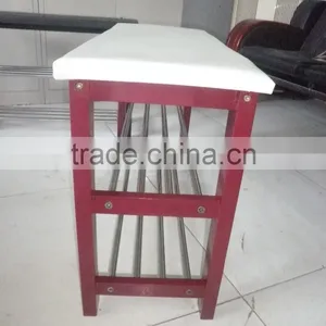 Wood Shoe Bench With Two Metal Racks and Fabric Floral Design Seat Cushion thumbnail-3