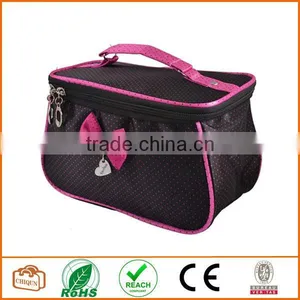 Women Dots Printed Fuchsia Bowknot Decor Zipper Cosmetic Bag Pouch Black thumbnail-1
