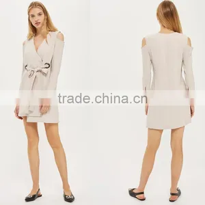 Belted Cold Shoulder Long Sleeve Coat Style Blazer Dress for Women thumbnail-5