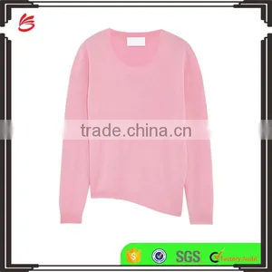 Crew Necked Pink Colored Asymmetrical Hem 100% Cashmere Sweater Women thumbnail-1