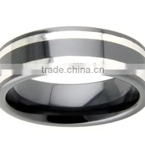 8mm Black Ceramic Silver Inlay Polished Weding Band thumbnail-1