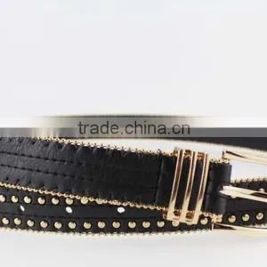 Women's Fashion Gold Metal Studded PU Black Leather Jeans Belt With Double Bean Chian thumbnail-4