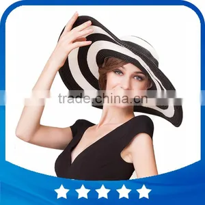 2016 New Fashion Summer Large Brim Beach Sun Womens Hats Ladies Black and White Stripes Floppy Straw Hat thumbnail-1