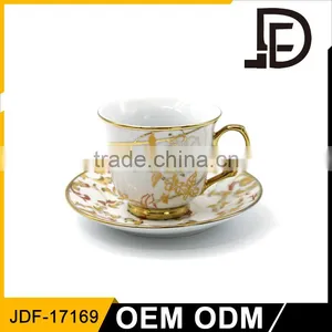 Porcelain Tea Cup Saucer With Golden Fans Glazed / Golden Handle Coffee Cup Saucer Set thumbnail-1