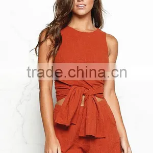 Cotton & Linen Fashionable High Low Crop Tops And Shorts Women Two Piece Sets thumbnail-4