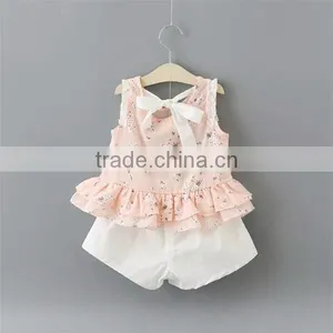 2016 Summer Girl Kids Clothes Stylish Designs White Spaghetti Strap T-shirt Cotton Baby Girls Dress Set thumbnail-1