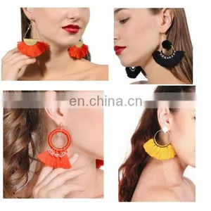 Fashion Women Vintage Geometric Fan - Shaped Cotton Tassel Dangle Ear Stud Earrings thumbnail-1