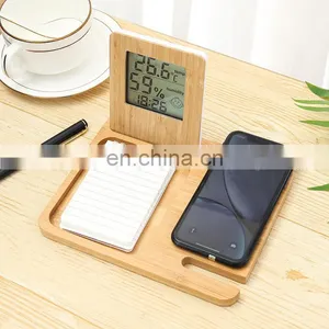 Three in One Bedside Table Wireless Charging Station Planner Pad Ipad Holder Temperature and Humidity Weather Clock Bamboo Set thumbnail-2