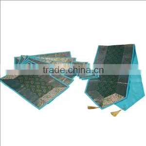 Indian Silk Table Runner With 6 Place Mats & 6 Coaster in Turquoise Color Size 16*62 thumbnail-1
