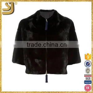 SHANGYI Black 3/4 Sleeve Zipper Cropped Fur Coat for Woman thumbnail-1