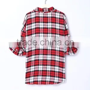 Women Fashion Long Sleeve Red Plaid Shirt thumbnail-2